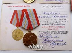 Soviet Russian Set of 20 Medals and Badges of Veteran WW2, Army USSR. Documents