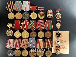 Soviet Russian Set of 23 medals and badges of Veteran WW2 USSR Army. Document