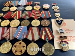 Soviet Russian Set of 23 medals and badges of Veteran WW2 USSR Army. Document