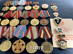Soviet Russian Set of 23 medals and badges of Veteran WW2 USSR Army. Document