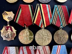 Soviet Russian Set of 23 medals and badges of Veteran WW2 USSR Army. Document