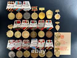 Soviet Russian Set of 23 medals and badges of Veteran WW2 USSR Army. Document