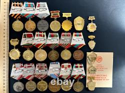 Soviet Russian Set of 23 medals and badges of Veteran WW2 USSR Army. Document