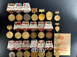 Soviet Russian Set of 23 medals and badges of Veteran WW2 USSR Army. Document