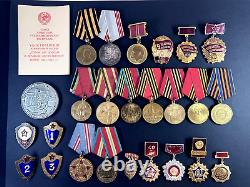 Soviet Russian Set of 25 medals and badges of Veteran WW2 USSR Army. Document