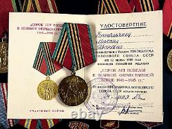 Soviet Russian Set of 25 medals and badges of Veteran WW2 USSR Army. Document