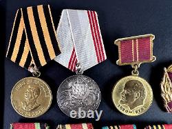 Soviet Russian Set of 25 medals and badges of Veteran WW2 USSR Army. Document