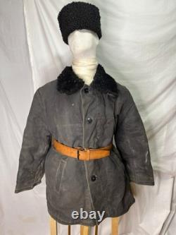Soviet Russian WWII Sheep Skin Coat, Black Cotton Shell Size XL