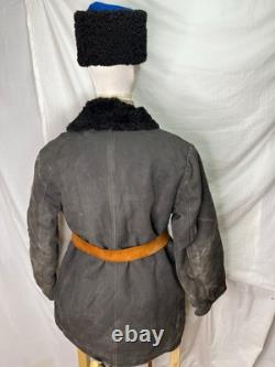 Soviet Russian WWII Sheep Skin Coat, Black Cotton Shell Size XL