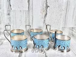 Soviet USSR Penguin Enamel Set 6 Podstakannik? Glass Holders