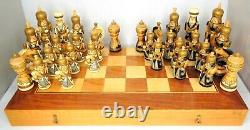 Soviet USSR Wooden Hand Carved Painted Mongolian War Chess Set Russian Folk Art