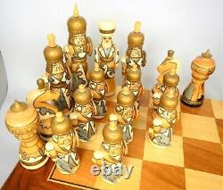 Soviet USSR Wooden Hand Carved Painted Mongolian War Chess Set Russian Folk Art