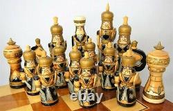 Soviet USSR Wooden Hand Carved Painted Mongolian War Chess Set Russian Folk Art