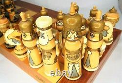 Soviet USSR Wooden Hand Carved Painted Mongolian War Chess Set Russian Folk Art