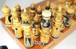 Soviet USSR Wooden Hand Carved Painted Mongolian War Chess Set Russian Folk Art