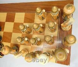 Soviet USSR Wooden Hand Carved Painted Mongolian War Chess Set Russian Folk Art