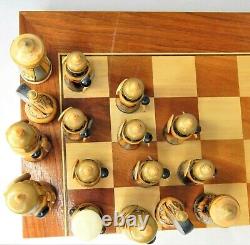 Soviet USSR Wooden Hand Carved Painted Mongolian War Chess Set Russian Folk Art