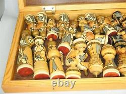 Soviet USSR Wooden Hand Carved Painted Mongolian War Chess Set Russian Folk Art