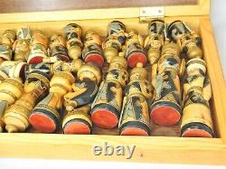 Soviet USSR Wooden Hand Carved Painted Mongolian War Chess Set Russian Folk Art