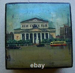 Soviet USSR lacquer box painting Grand Theater trolleybus car 1951y