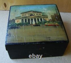 Soviet USSR lacquer box painting Grand Theater trolleybus car 1951y