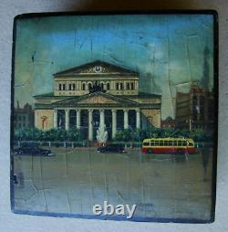 Soviet USSR lacquer box painting Grand Theater trolleybus car 1951y