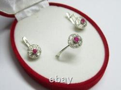 Soviet Vintage Russian Jewelry Ruby Set Earrings Ring Sterling Silver 925 USSR