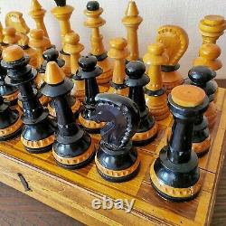 Soviet folk art hand carved chess set Wooden russian vintage USSR antique