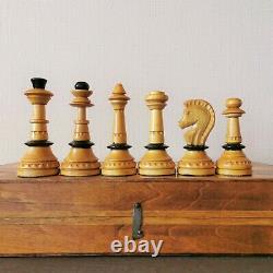 Soviet folk art hand carved chess set Wooden russian vintage USSR antique