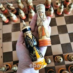 Soviet kids chess set Wooden russian folk art Vintage USSR antique Oriental