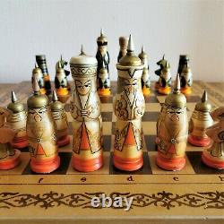 Soviet kids chess set Wooden russian folk art Vintage USSR antique Oriental
