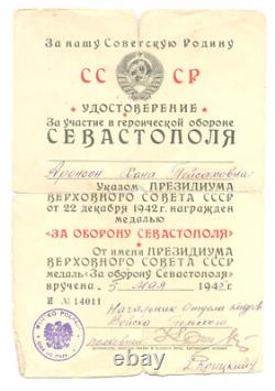 Soviet russian Medal Document For Defense of Sevastopol to Medal Jewish Woman