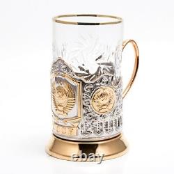 USSR Coat of Arms Drinking Glass Holder Gold Plated withGlass Gift For Him