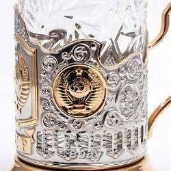 USSR Coat of Arms Drinking Glass Holder Gold Plated withGlass Gift For Him