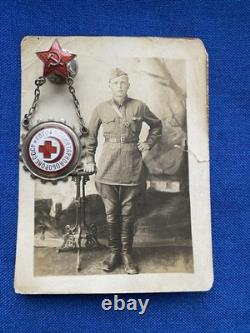 USSR Soviet Russian WW2 Red Army badge Ready To Sanitary Defence withphoto. 1930s