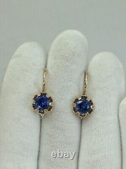 USSR Vintage Original Soviet Blue Corundum Gold Earrings 583 14K, USSR Earrings