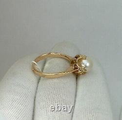 USSR Vintage Original Soviet Solid Rose Gold White Pearl Ring 583 14K, Gold 583