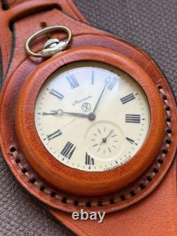 VINTAGE Molniya Pocket Watch Wolf Mechanical Leather Strap Russian Soviet USSR