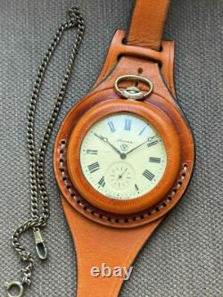 VINTAGE Molniya Pocket Watch Wolf Mechanical Leather Strap Russian Soviet USSR