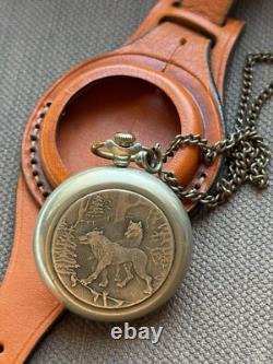 VINTAGE Molniya Pocket Watch Wolf Mechanical Leather Strap Russian Soviet USSR