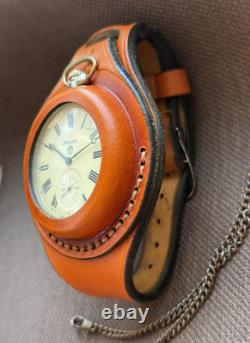 VINTAGE Molniya Pocket Watch Wolf Mechanical Leather Strap Russian Soviet USSR