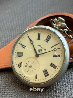 VINTAGE Molniya Pocket Watch Wolf Mechanical Leather Strap Russian Soviet USSR