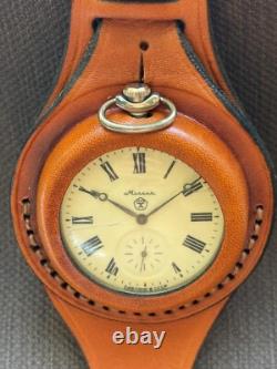 VINTAGE Molniya Pocket Watch Wolf Mechanical Leather Strap Russian Soviet USSR