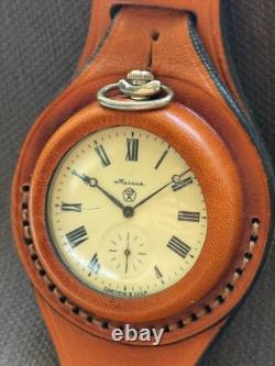 VINTAGE Molniya Pocket Watch Wolf Mechanical Leather Strap Russian Soviet USSR