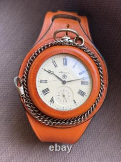 VINTAGE Molniya Pocket Watch Wolf Mechanical Leather Strap Russian Soviet USSR