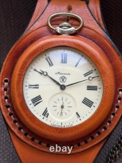 VINTAGE Molniya Pocket Watch Wolf Mechanical Leather Strap Russian Soviet USSR