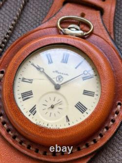 VINTAGE Molniya Pocket Watch Wolf Mechanical Leather Strap Russian Soviet USSR