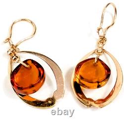 VINTAGE Soviet Russian Rose Gold Baltic Amber Dangle 583 Signed USSR Earrings