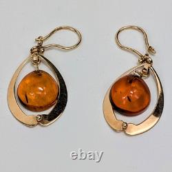 VINTAGE Soviet Russian Rose Gold Baltic Amber Dangle 583 Signed USSR Earrings