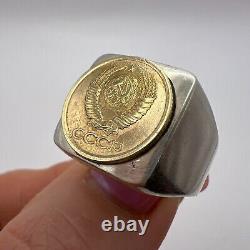 VINTAGE USSR MEN'S JEWELRY Ring Sterling Silver 875 Russian Soviet Coin Size 9.5